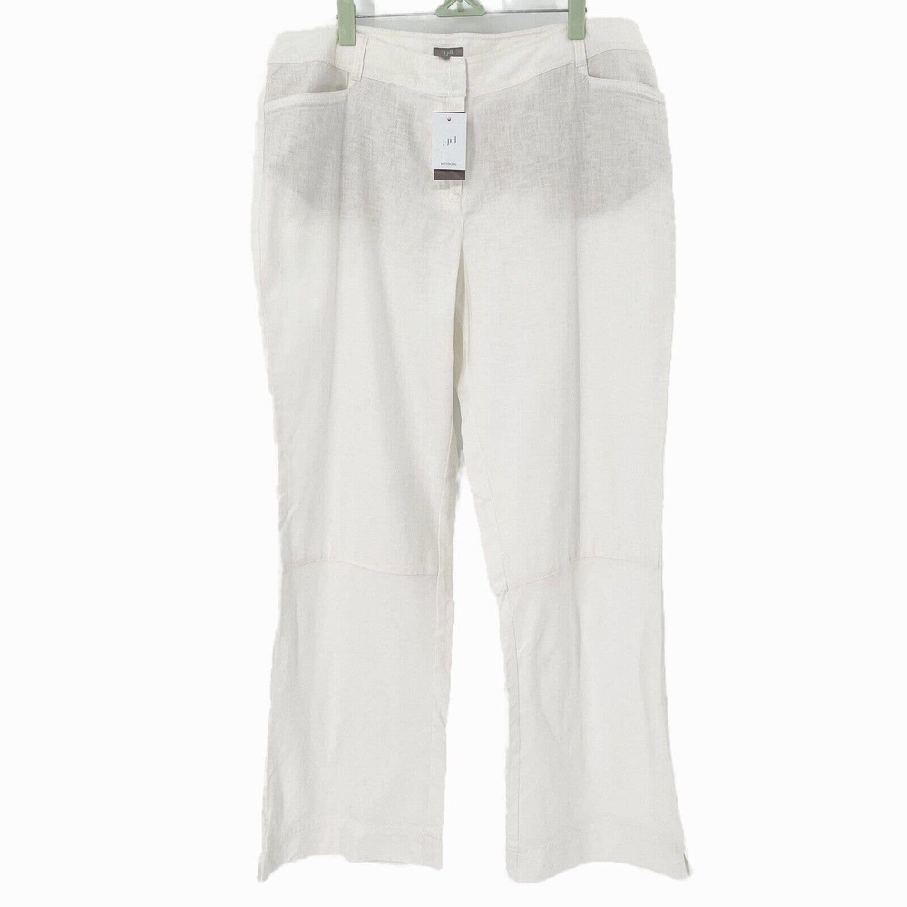 J.Jill Linen Straight Pants‎ Sz 14 White Seamed High Rise Flat Front Pockets NWT